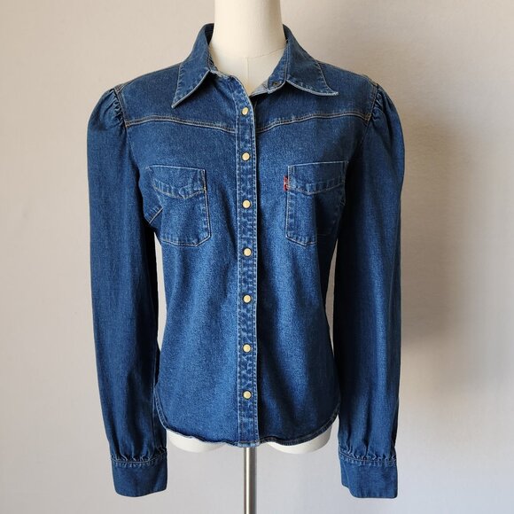 Vintage Y2K Levi's Denim Western Shirt Pearl Snap Long Sleeve Stretch Cotton - Picture 1 of 12